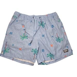 Saxx Swim Shorts Mens Large Blue Striped Oh Buoy 2N1 BallPark Pouch Palm Tree